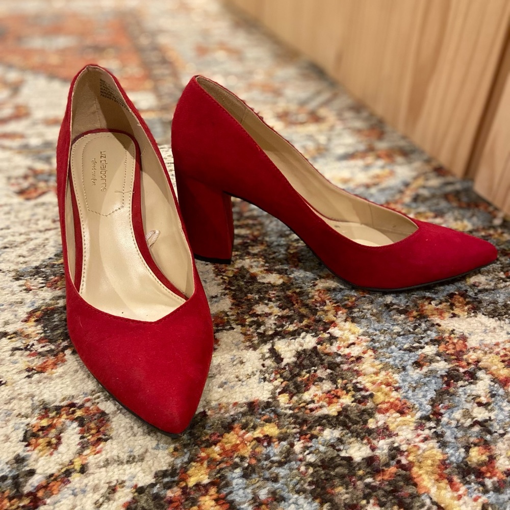 Red Suede Liz Claiborne Chunky Square Heel Pumps